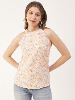 Moomaya - Women Orange Printed Tank Styled Back Resort Wear Long Summer Top