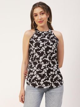 Moomaya - Women Black Printed Tank Styled Back Resort Wear Long Summer Top