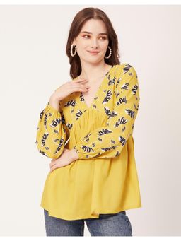 Moomaya - Women Yellow V-Neck Viscose Rayon Printed Summer Top