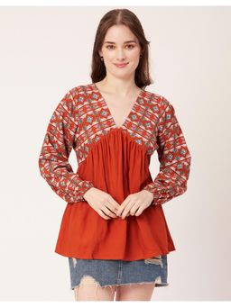 Moomaya - Women Orange V-Neck Viscose Rayon Printed Summer Top