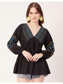 Moomaya - Women Black V-Neck Viscose Rayon Printed Summer Top