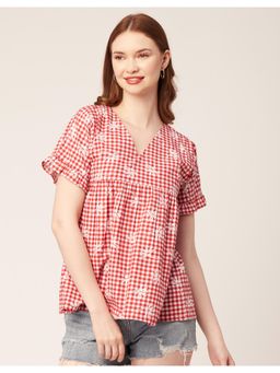 Moomaya - Women Red Printed Short Sleeves Cotton V Neck Tunic Top