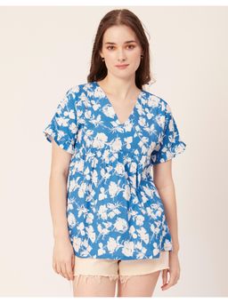 Moomaya - Women Blue Printed Short Sleeves Cotton V Neck Long Length Flared Tunic Top