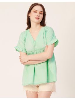 Moomaya - Women Green Printed Short Sleeves Cotton V Neck Long Length Flared Top
