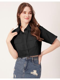 Moomaya - Women Black Printed Short Sleeves Collared Neck Crop Top