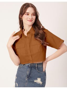 Moomaya - Women Brown Printed Short Sleeves Collared Neck Crop Top