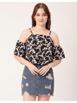 Moomaya - Women Black Printed Off Shoulder Viscose Ruffled Crop Top
