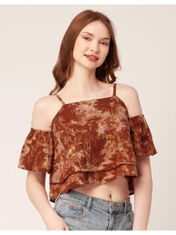 Moomaya - Women Brown Printed Off Shoulder Viscose Ruffled Crop Top