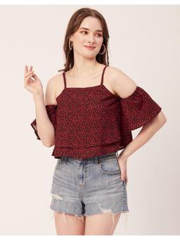 Moomaya - Women Red Printed Off Shoulder Viscose Ruffled Crop Top
