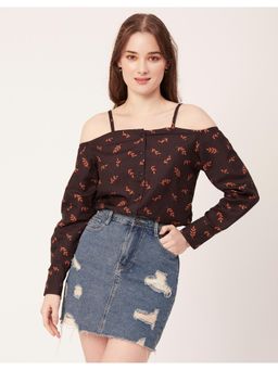 Moomaya - Women Black Printed Long Sleeves Off Shoulder Front Buttoned Shirt Brown Top