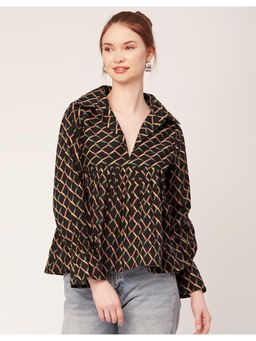 Moomaya - Printed Black Pleated for Women Long Sleeves Designer Collar Shirt Top