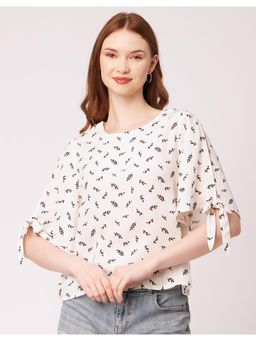 Moomaya - Printed White Round Neck Tie-Up Cold Shoulder Top