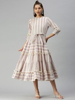 SHOWOFF - Women Striped Off White Fit and Flare Dress