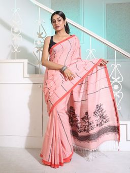 CHARUKRITI - Baby Pink Cotton Handspun Saree with Stripes and Nakshi Pattern with Unstitched Blouse