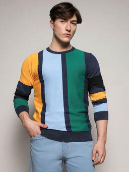 Campus Sutra - Mens Contrast Panel Relaxed Pullover Multi-Color Sweater