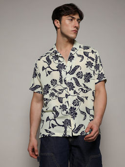 Campus Sutra - Mens Contrast Flower Cream Shirt