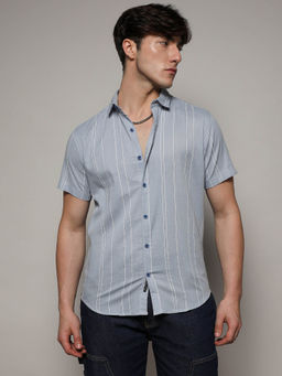 Campus Sutra - Mens Unbalanced Striped Blue Shirt