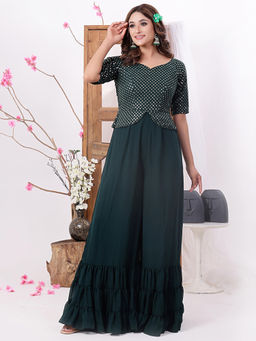 Ethnovog - Green Georgette Sequins Jumpsuit
