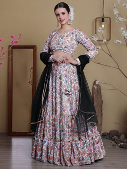 Ethnovog - White Satin Digital Print Choli and Lehenga with Dupatta (Set of 3)