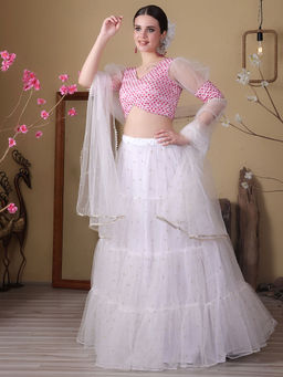 Ethnovog - Off White Embroidered Georgette N Choli and Lehenga with Dupatta (Set of 3)