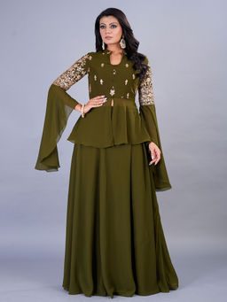 Ethnovog - Green Embroidered Georgette Top and Skirt (Set of 2)