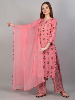 Shree - Women Modal Chanderi Pink Printed Kurta Comfort Pant Dupatta (Set Of 3)
