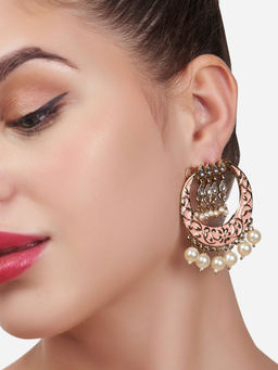 Zaveri Pearls - Peach Meenakari Kundan Ethnic Pearl Drops Earring-ZPFK13583