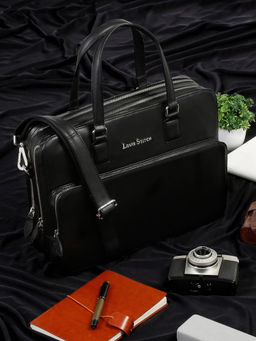 Louis Stitch - Black Italian Leather Laptop Bag Executive Briefcase with Shoulder Strap (M)