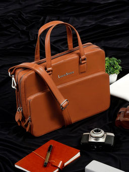 Louis Stitch - Tan Italian Leather Laptop Bag Executive Briefcase with Shoulder Strap (M)