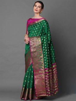 Odette - Green Festive Silk Blend Woven Design Saree with Unstitched Blouse