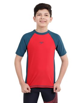 Speedo - Boy's Endurance10 Short Sleeve Suntop - Fed Red & Dark Teal