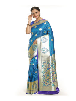 Banarasi Silk Works - Women Blue Satin Saree Paithani with Unstitched Blouse