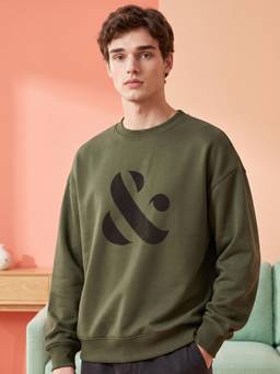Nobero - Oversized Fit Printed Full Sleeve Green Sweatshirt