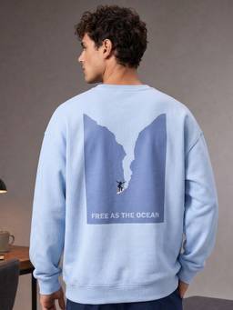 Nobero - Oversized Fit Printed Full Sleeve Aqua Sweatshirt