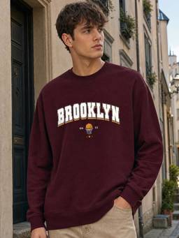 Nobero - Oversized Fit Printed Full Sleeve Maroon Sweatshirt