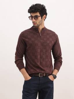 WROGN - Solid Regular Fit Quater Zipper Checks Sweater