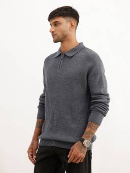 WROGN - Regular Fit Textured Quater Zipper Sweater