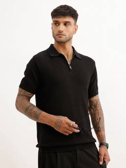 WROGN - Solid Textured Quater Zipper Polo T-Shirt