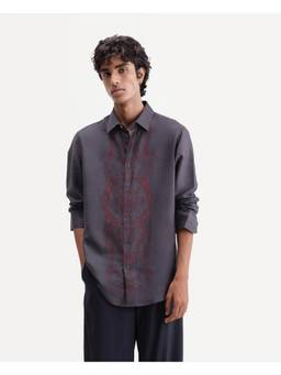 Rare Rabbit - Darko Men Dark Grey Geometric Print Spread Collar Shirt