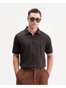 Rare Rabbit - Drack Men Dark Brown Jacquard Regular Fit Polo T-Shirt