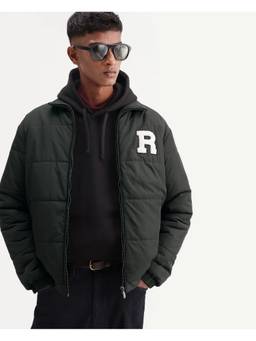 Rare Rabbit - Lerc Olive Solid High Neck Zipper Puffer Jacket
