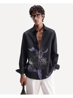 Rare Rabbit - Lumo Men Dark Black Abstract Print Spread Collar Shirt