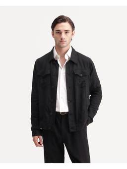 Rare Rabbit - Mirk-S Men Black Solid Linen Blend Spread Collar Jacket