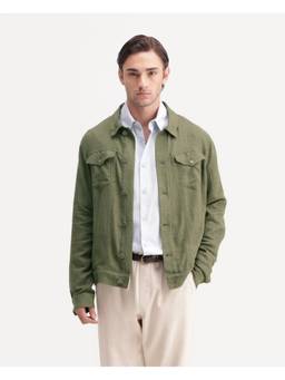 Rare Rabbit - Mirk-S Men Olive Green Solid Linen Blend Jacket