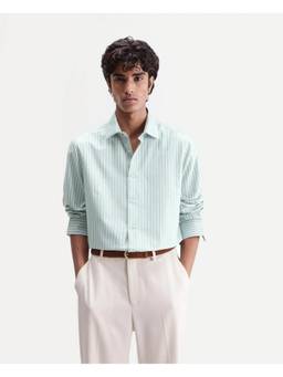 Rare Rabbit - Orven Men Green Striped Spread Collar Regular Shirt