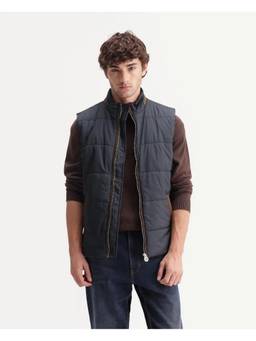Rare Rabbit - Ravo Navy Men Navy Solid High Neck Sleeveless Jacket