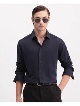 Rare Rabbit - Torq Men Navy Blue Solid Cotton Blend Regular Fit Shirt