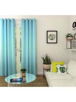 HomeTown - Fiesta Jacquard Dim Out Door Curtains 7 Feet in Turqoiseuoise Colour (Set of 2)