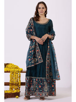 WISHFUL by W - Green W-Core Floral Sequined Ethnic Dress with Dupatta (Set of 2)