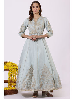 WISHFUL by W - Blue Flared Dress with Dupatta for Women (Set of 2)